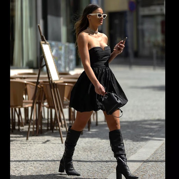 💋 ZARA Black Poplin Mini Dress NWT | Sweetheart Neck, Belted, Balloon Hem M - Picture 14 of 16